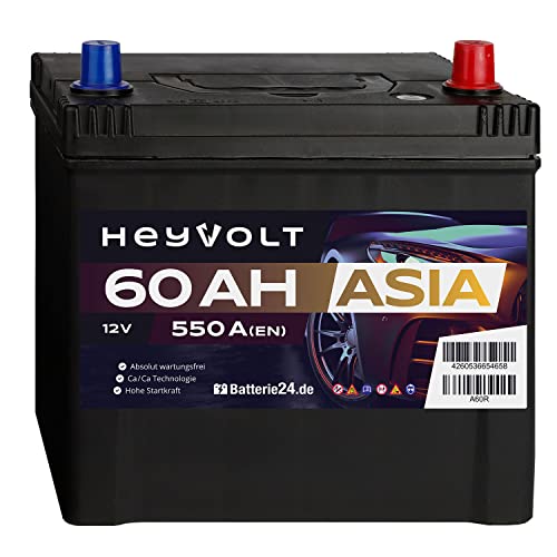 HeyVolt Asia Autobatterie 12V 60Ah 550A/EN Starterbatterie, absolut wartungsfrei, Pluspol Rechts
