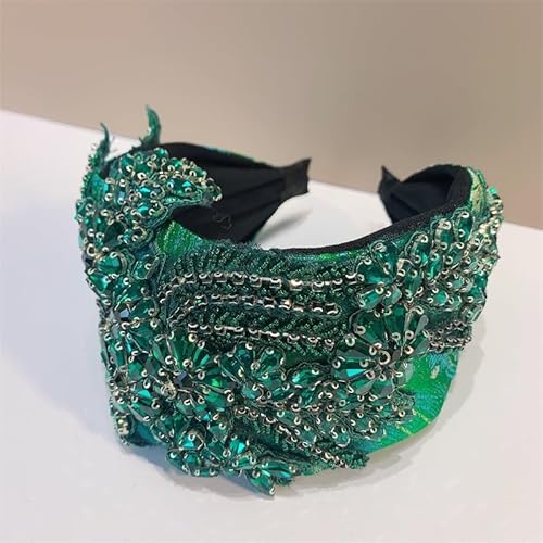 Strass Stirnbänder Damen-Haarband mit Kristall-Blumenmuster, bestickt mit Diamanten, Haarkarte, breiter seitlicher Haarreif Haarschmuck (Color : Green, Size : One size)