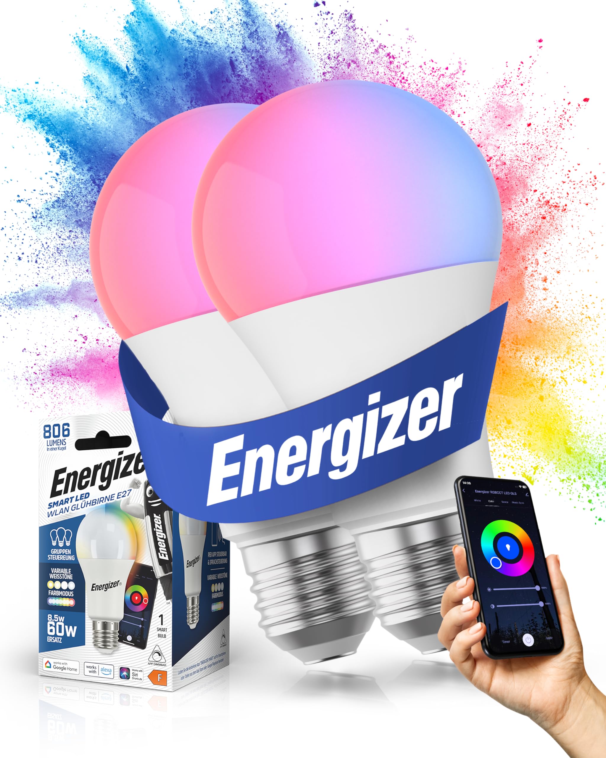 Energizer Smart LED, WLAN Glühbirne, E27, 9W, per App steuerbar, SmartHome, kompatibel mit Alexa, Google Home und Siri, kein Hub benötigt, mehrfarbig & dimmbar, 2 Stück
