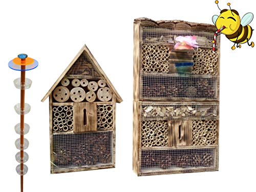 XXL Insektenhotel + Biene Tränke Haus mit 3.5X Oberfläche 120cm, Insektenhaus Dunkelbraun Teak Look mit