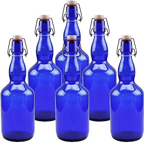 mikken 6X Blaue Glasflasche 0,75 Liter mit Bügelverschluss aus Porzellan, inkl Beschirftungsetiketten