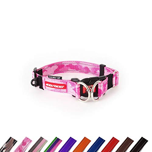 EzyDog Hundehalsband Nylon - Double Up - Hunde Halsband Stoff für Kleine, Mittelgroße und Große Hund, Reflektierend, Gepolstert, Verstellbar (L, Rosa Camo)
