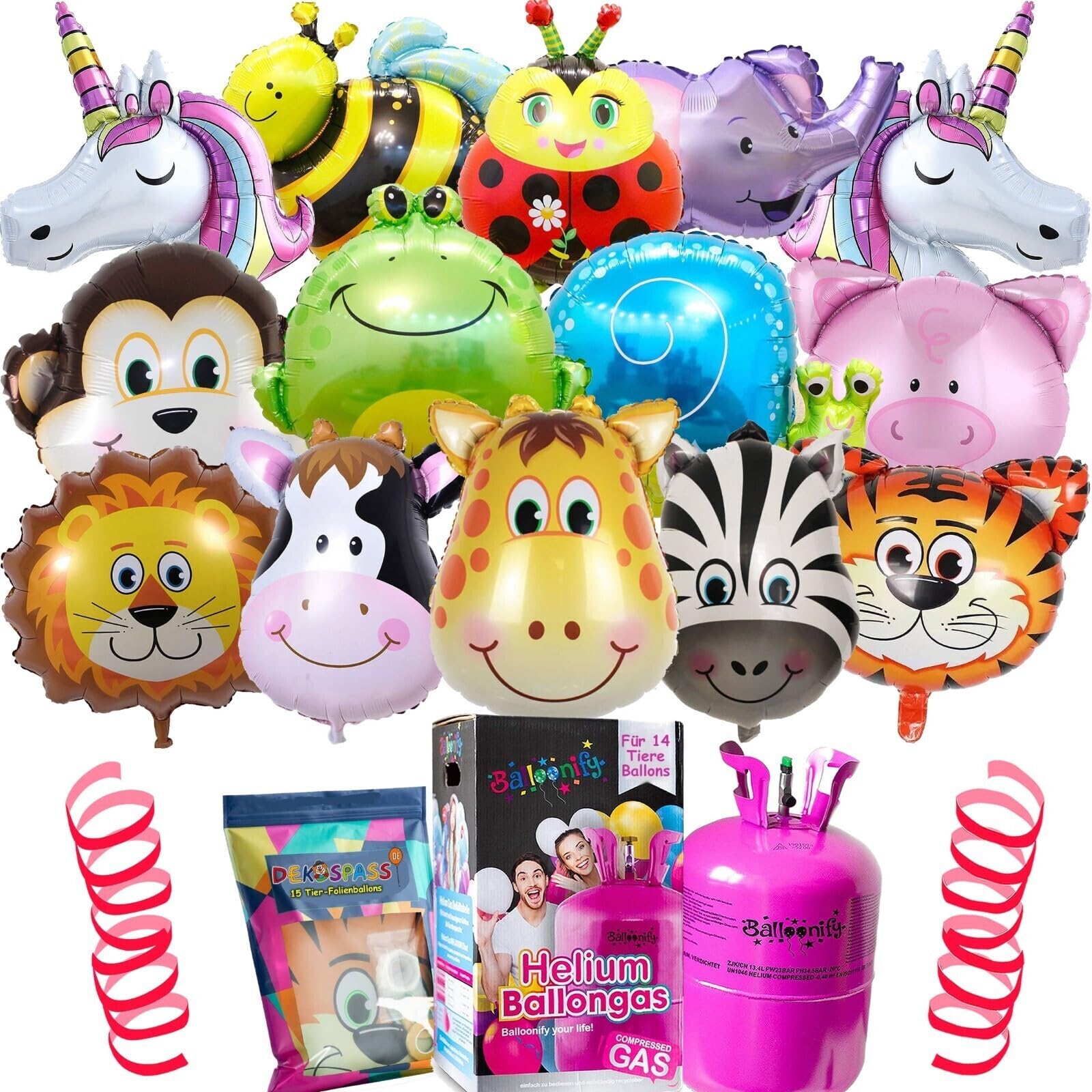 14x Tier Ballons plus Helium Ballongas Flasche | Heliumflasche Set + Knickventil + Folienballons + Folienballons | Kindergeburtstag Deko Zoo Party, Edition: 14 Tier Ballons + Helium Gasflasche