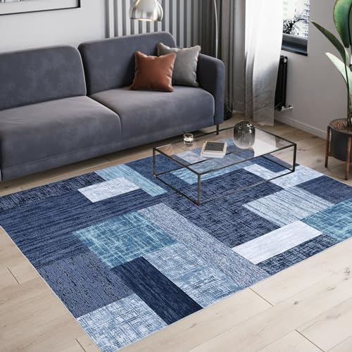 GlowSol Geometrischer moderner Teppich, 10,2 x 15,2 cm, waschbarer Teppich, rutschfest, Blauer Teppich, zeitgenössischer Teppich für Schlafzimmer, weicher Teppich, schmutzabweisend, Bodenmatten,