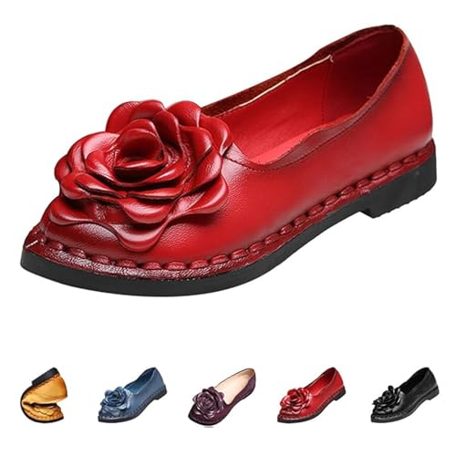 Frauen Casual Ballett Flache Schuhe Vintage Handgemachte Folk Leder Blume Weichen Boden Mode Casual Dating Flache Loafer (Color : Red, Size : 38)