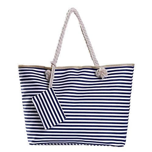 Große Strandtasche mit Reißverschluss 58 x 38 x 18 cm gestreift dunkelblau weiß Shopper Schultertasche
