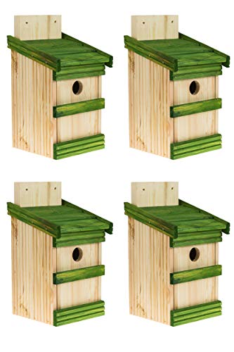 4 x Nistkasten Natur für Blaumeisen & kleine Meisenarten, solide gemacht aus Holz Vogelhaus für Meisen, Nisthilfe mit 32 mm Einflugloch Vogelhaus Meisenkasten Nisthöhle (Natürlich + grün)