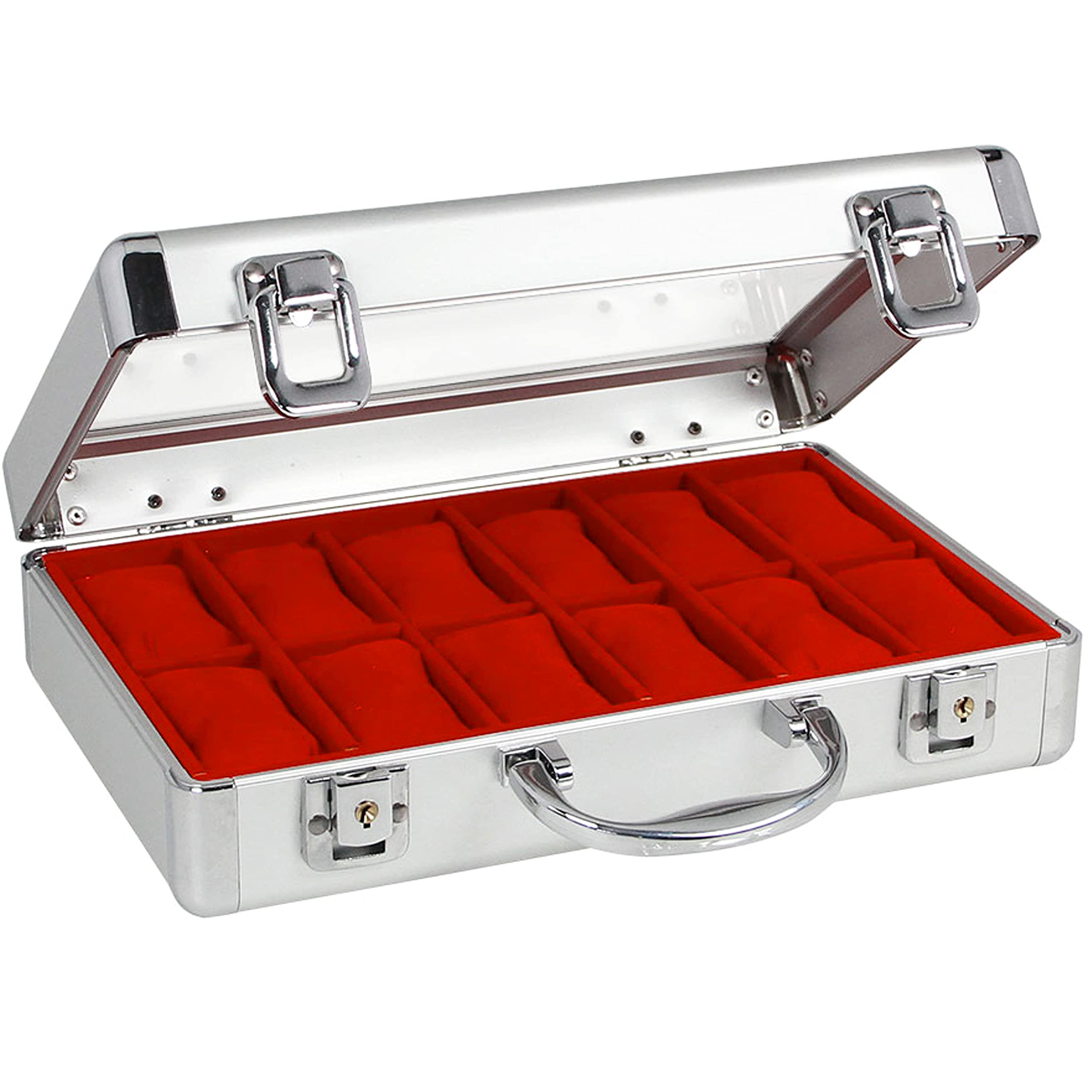 SAFE 266-1 ALU Uhrenaufbewahrungsbox Herren mit 18 Uhren-Schmuckhalter in rotem Samt - abschließbare Uhren Box mit Glasdeckel und abnehmbaren Uhrenkissen