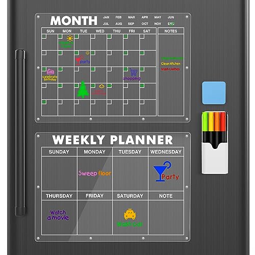 MoKo Wochenplaner Magnetisch, Abwischbarer Monatsplaner Magnettafel Kühlschrank Kalender mit 8 Trocken Abwischbaren Markern, 1 Radiergummi und 1 Halter, Menüplaner für Kühlschrank, Transparent