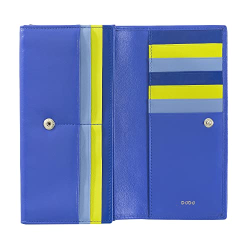 DUDU Brieftasche RFID Damen Leder Farbiges Design Lang mit Münzfach mit Reißverschluss 18 Kreditkartenfächer und Knopfverschluss Kornblume