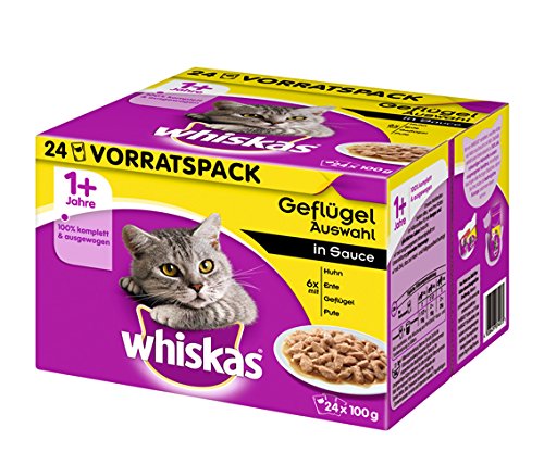 Whiskas 1+ Katzenfutter Geflügelauswahl in Sauce, 48 Beutel (2 x 24 x 100 g)