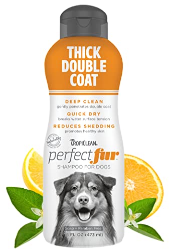 TropiClean PerfectFur Thick Double Coat Shampoo for Dogs, 16oz - Use with Undercoat Rakes & Deshedding Brushes for Easy Shed Control, Removes Debris & Loose Hair - Made in USA - Naturally Derived