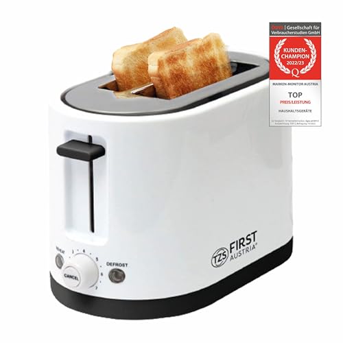 TZS First Austria Doppel Kurzschlitz Toaster, 2 Scheiben, weiß, 750W, 7 Stufen, Warmhalte- und Auftaufunktion, inkl. Krümelschale