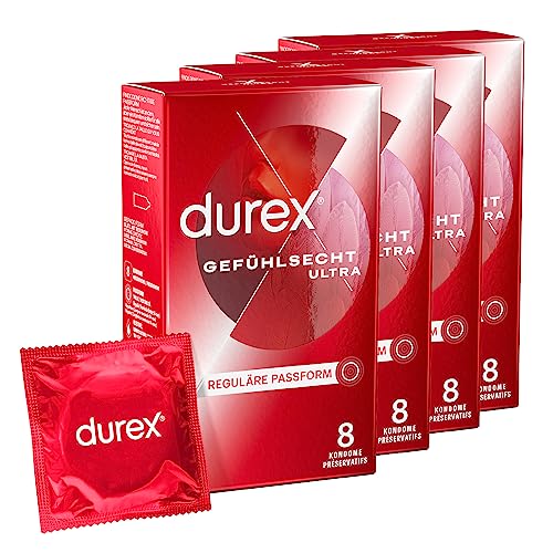 Durex Gefühlsecht Ultra Kondome – Sensi-Fit Kondome mit 20% dünnerem Material an der Spitze für intensiveres Empfinden – 4er Pack (4 x 8 Stück)
