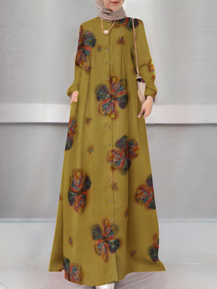 Frauen Blumendruck Urlaub A-Linie Button Up Langarm Muslim Kleid Abaya Kaftan Mit Tasche