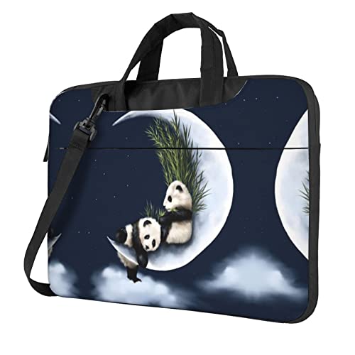 Panda und Mond bedruckte Laptop-Umhängetasche, Laptop- und Tablet-Schultertragetasche, Schwarz , 15.6 inch