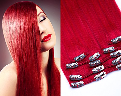 Clip In Extensions Echthaar Haarverlängerung GlamXtensions 7 - teilig in der Farbe Rot/Red und Länge 55cm / Gewicht 85g - Remy Echthaar