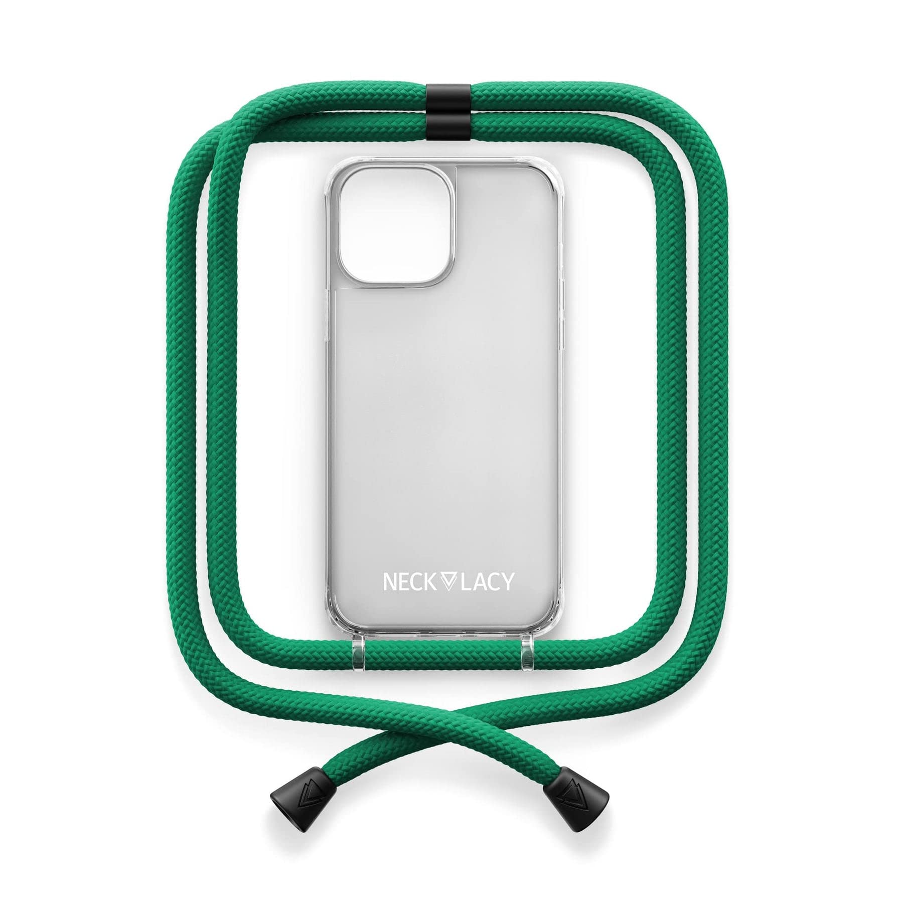 NECKLACY® - Die Premium Handykette für Apple iPhone 14 Pro Max in Tropical Green | transparente Handyhülle mit hochwertiger Kordel zum Umhängen - Smartphone Crossbody Case