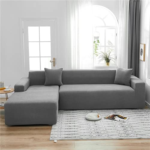 OKJK Sofabezug l Form für Wohnzimmer, Sofa überzug aus Polarfleece Stoff einfarbig All-Inclusive Moderne elastische couchbezug eckcouch, schützende Sofabezüge (Light Gray,B-B 3 Seats 190-230cm)