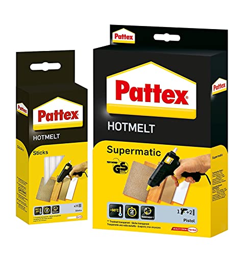 Pattex Hotmelt Sticks, Klebesticks für die Heißklebepistole mit extrem hoher Transparenz, Heißkleber Sticks zum Basteln, Dekorieren und Reparieren, (27 Sticks + Klebepistole)