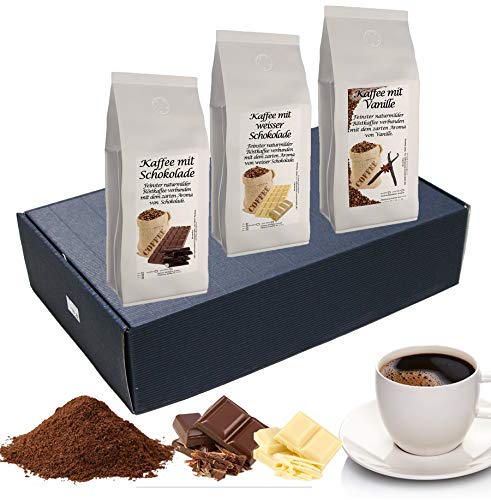 Geschenk Set Aromatisierter Kaffee Ganze Bohne 3 x 200 g (Schokolade, Weiße Schokolade und Vanille)