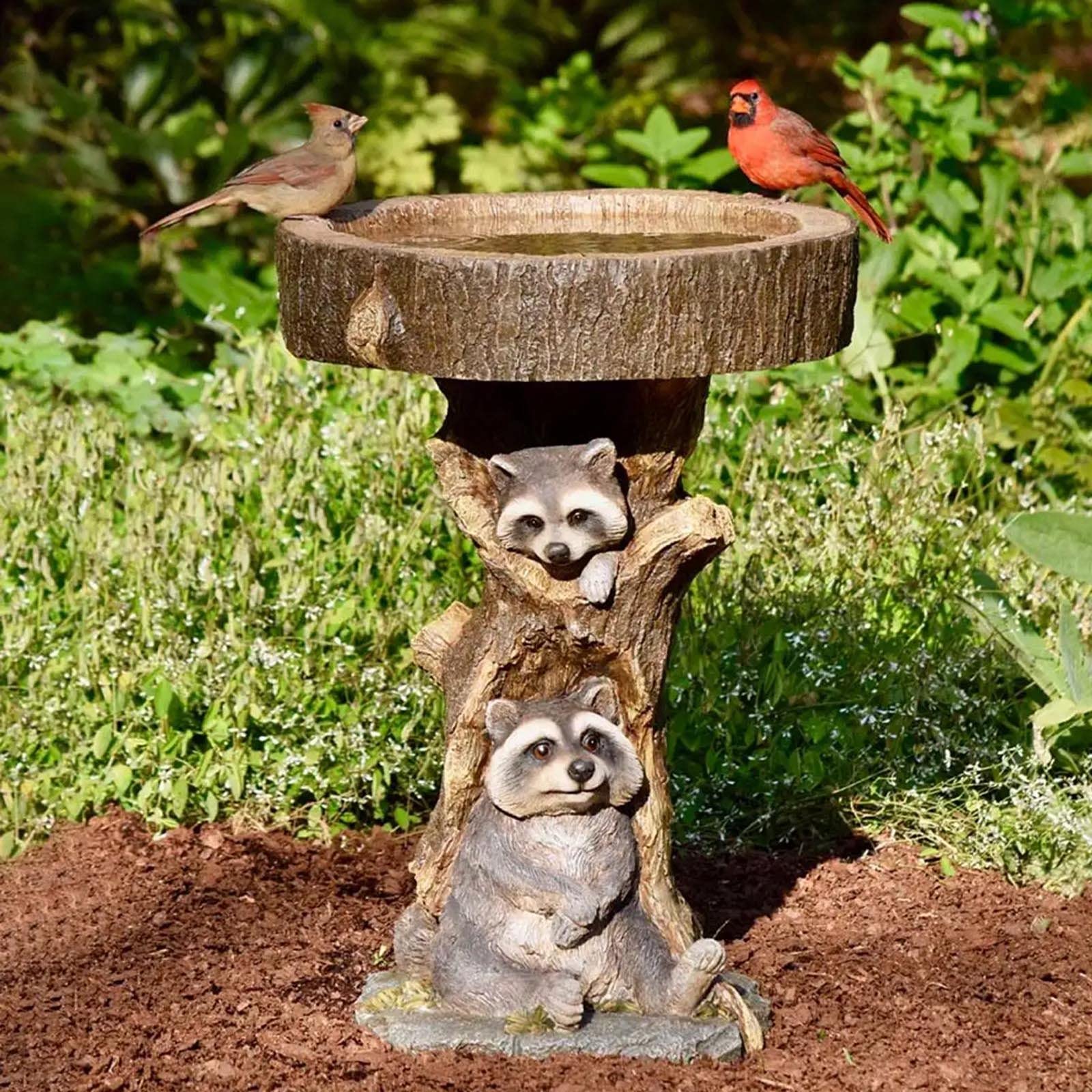 fasloyu Vogeltränke Vogelfutterstelle - Polyresin Gartendeko Vogelfutterspender, Vogelbecken Vogelbad Futter Vogel Wasser Schale Wildvogel Futterautomat und Vogel Badeschalen - 25x17x15cm (Waschbär)