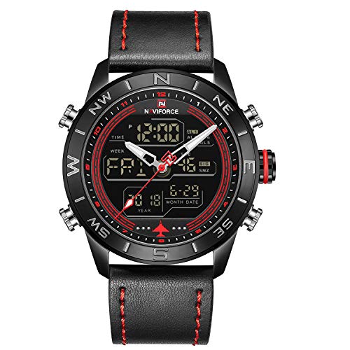NAVIFORCE Herren wasserdichte Sportuhren Leder Digital Analog Watch Luxus Casual Dual Time Armbanduhr(B/R/B)