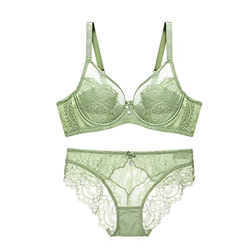 WENJUN Sexy Damen-Dessous-Set aus Spitze, durchsichtig, mit floralem Bügel, BH und Panty (Farbe: Hellgrün, Größe: 80F)