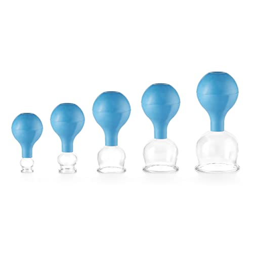 pulox Schröpfglas aus Echtglas 5er-Set inkl. Saugball 25 mm, 32 mm, 40 mm, 52 mm & 62 mm, Blau