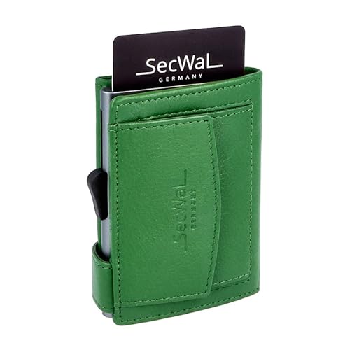 SecWal Kreditkartenetui mit Münzfach Druckknopf - Echtleder Mini Geldbörse inkl. E-Book für Damen und Herren - RFID Schutz (Grün)