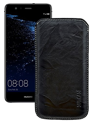 Suncase Huawei P10 Lite | *Ultra Slim* Original Leder Etui Tasche Handytasche Ledertasche Schutzhülle Case Hülle (mit Rückzuglasche) schwarz mit Weiss Nähten