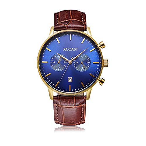 XCOAST Stormbreaker-Wertige Armbanduhr im Chronographen Stil/Quarz Uhr mit Echtleder Armband/Brown Blue 570207