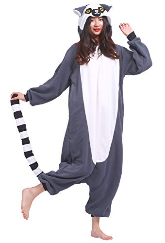 ULEEMARK Jumpsuit Onesie Tier Karton Kigurumi Fasching Halloween Kostüm Lounge Sleepsuit Cosplay Overall Pyjama Schlafanzug Erwachsene Unisex Schwarzbinden Lemur for Höhe 140-187CM