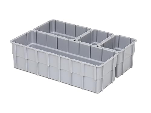 Einsatzkasten Einteilungs-Set für Eurobehälter, Schubladen mit Innenmaß 362x262 mm (LxB), 102 mm hoch, verschiedene Größen/Farben (4er Mix Set, grau)