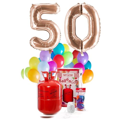 PARTY FACTORY Helium Geburtstags-Komplettset "50" - mit XXL Zahlenballons, 0,4m³ Ballongas, Ballonschnur & 30 bunten Latexballons - für Geburtstag, Jubiläum, Jahrestag - versch. Farben (Roségold)