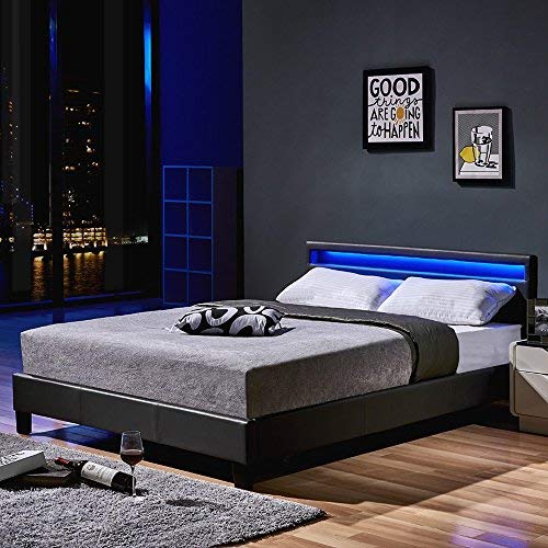 Home Deluxe - LED Bett Astro - Dunkelgrau, 140 x 200 cm - inkl. Matratze und Lattenrost I Polsterbett Design Bett inkl. Beleuchtung