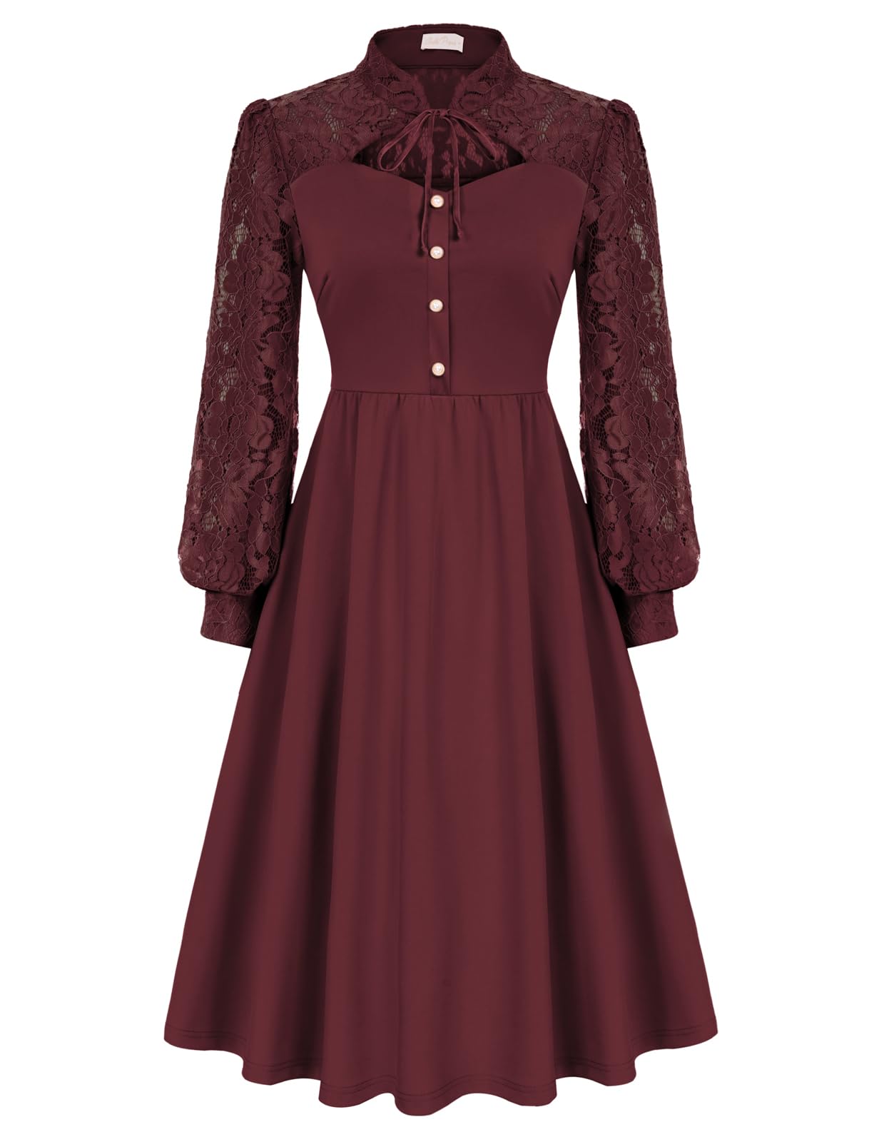 Damen Gothic Kleid Elegant Langarm A-Linie Kleider Festliche Cocktailkleid Abendkleid Weinrot XL