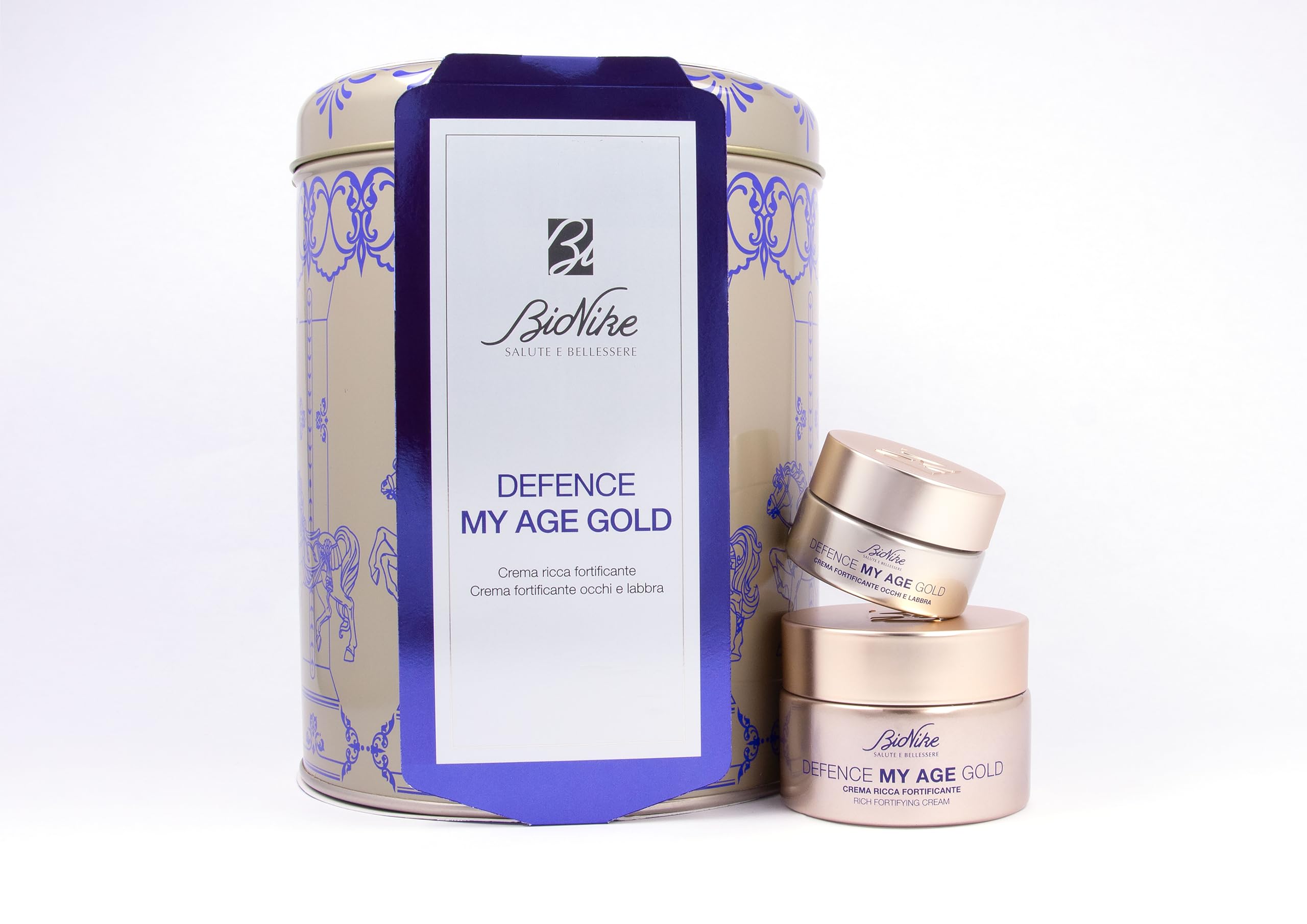 BioNike Geschenkset für Damen, Anti-Age Defence My Age Gold, reichhaltige stärkende Gesichtscreme 50 ml und stärkende Augen- und Lippencreme 15 ml für reife Haut