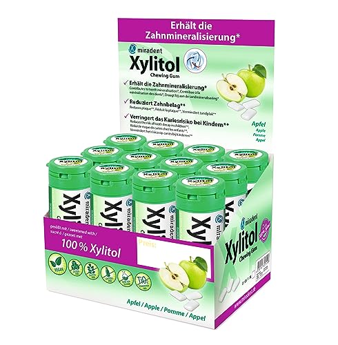 miradent Xylitol Zahnpflegekaugummi Apfel Display 12 St. | erfrischender Geschmack | zuckerfrei | vegan | kariespräventiv | für unterwegs