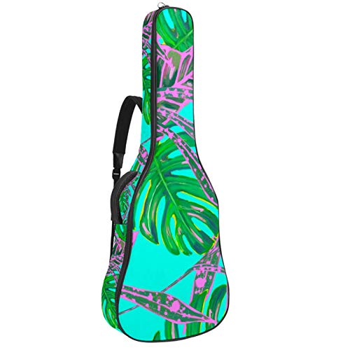 Gitarren-Gigbag, wasserdicht, Reißverschluss, weicher Gitarren-Rucksack, Bassgitarre, Akustik- und klassische Folk-Gitarre, rosig-grün, tropisches Palmblatt-Muster