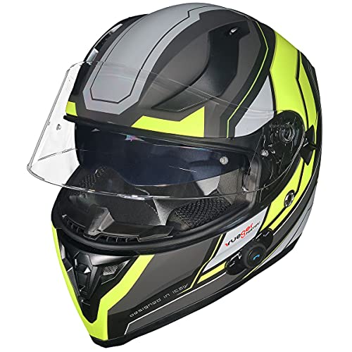 ?Bluetooth Klapphelm Motorradhelm Conzept Jethelm Crosshem Integralhelm Sonnenvisier Helm rueger?, Farbe:Black Neon, Größe:M (57-58)