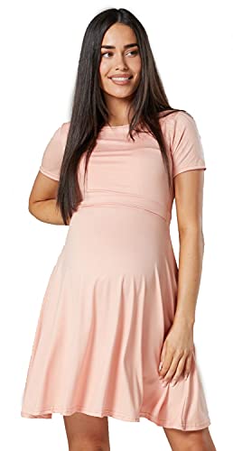 HAPPY MAMA. Damen Umstands Stillkleid Midi Schaukel Kleid Kurzarm.084p (Aprikose, 36, S)