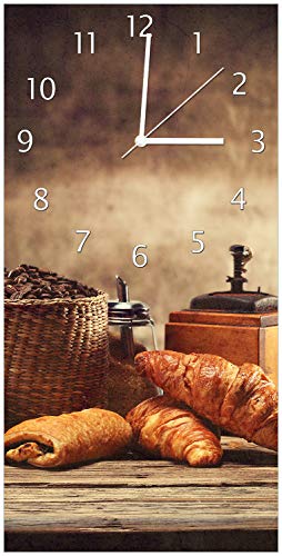 Wallario Design-Wanduhr, Acrylglasuhr Größe 30 x 60 cm, weiße Zeiger, Motiv Französisches Frühstück mit Café und Croissants