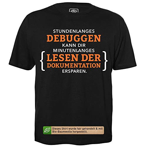 Stundenlanges Debuggen - Herren T-Shirt für Geeks mit Spruch Motiv aus Bio-Baumwolle Kurzarm Rundhals Ausschnitt, Größe L