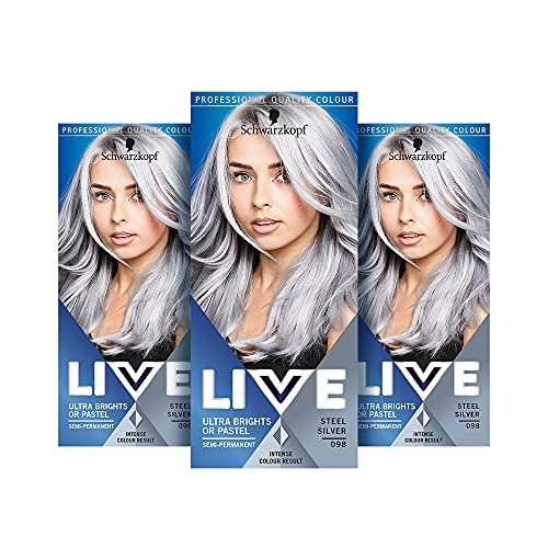 Schwarzkopf Live Ultra Bright oder Pastel-Grau Haarfarbe, 3er-Pack, semi-permanente Farbe, hält bis zu 15 Wäschen - 098 Silver Steel
