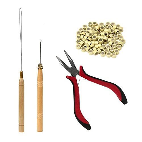 Haarverlängerungs Kit-Micro Haarverlängerung Ringe Perlen & Zangenhaken Schleife Nadel Werkzeug-Make-Up Haar Verlängerung Werkzeuge Set-für Micro ring Link Haar und Feder Extensions Zubehör (Beige)