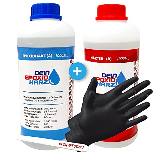 Epoxidharz mit Härter - RESIN ART | 1:1 Formel | 2000ml | Kristallklar, UV-Schutz, Mittelviskos | im Set mit Handschuhe + Rührstab