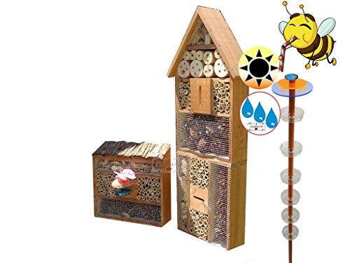 Gartendeko-Stecker mit Lichteffekt, Sonnenfänger als funktionale Bienentränke + 2X Lotus BIENENHAUS Insektenhaus,XXL Bienenstock & Bienenfutterstation, braun