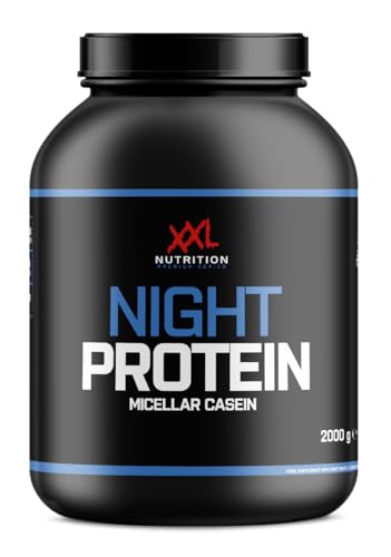 XXL Nutrition - Night Protein - 100% Micellar-Casein Protein Pulver, 87,2% Proteingehalt, Eiweißabgabe über 8 Stunden, Hochwertiges Kasein - 2000 Gramm - Erdbeere - Banane