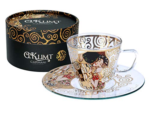 CARMANI - Einzigartige Espressotasse und Untertasse aus Glas mit Aufdruck "Der Kuss" von Gustav Klimt.